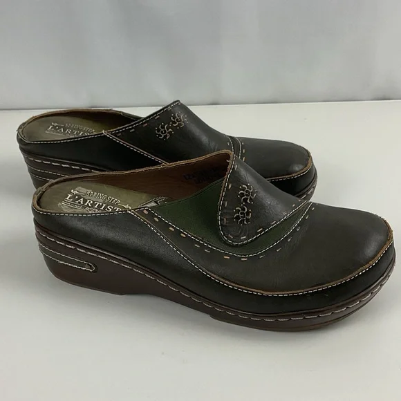 L'ARTISTE Spring Step Chino Leather Mule‎ Sz US 10.5 EU 41 Brown Clog Wedge Shoe - Picture 2 of 7